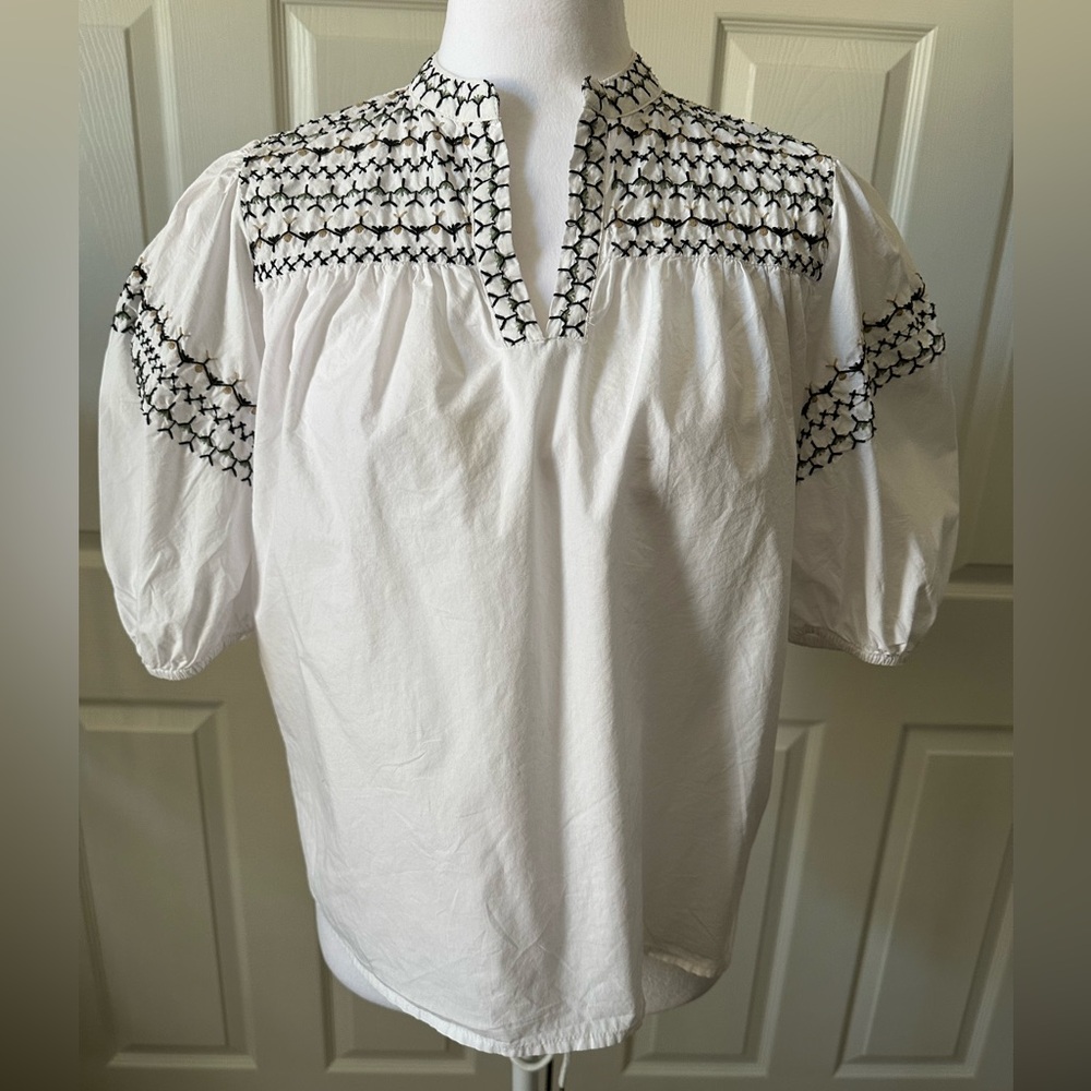 Calligraphie Embroidered Peasant Top, puff sleeves, 100% Cotton, Small